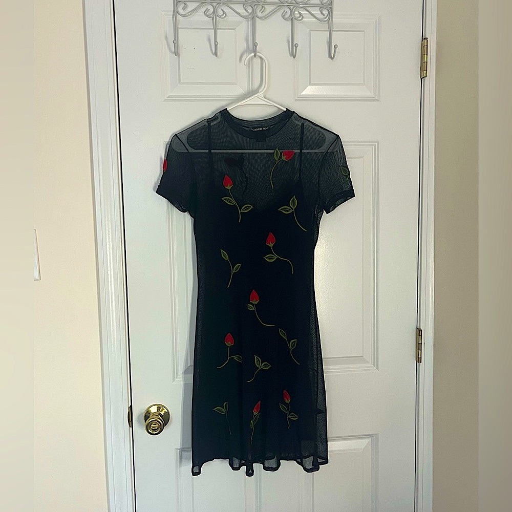 Vivienne Tam Vintage 90s Mini Dress Black Mesh with Red Floral Appliqué Rare